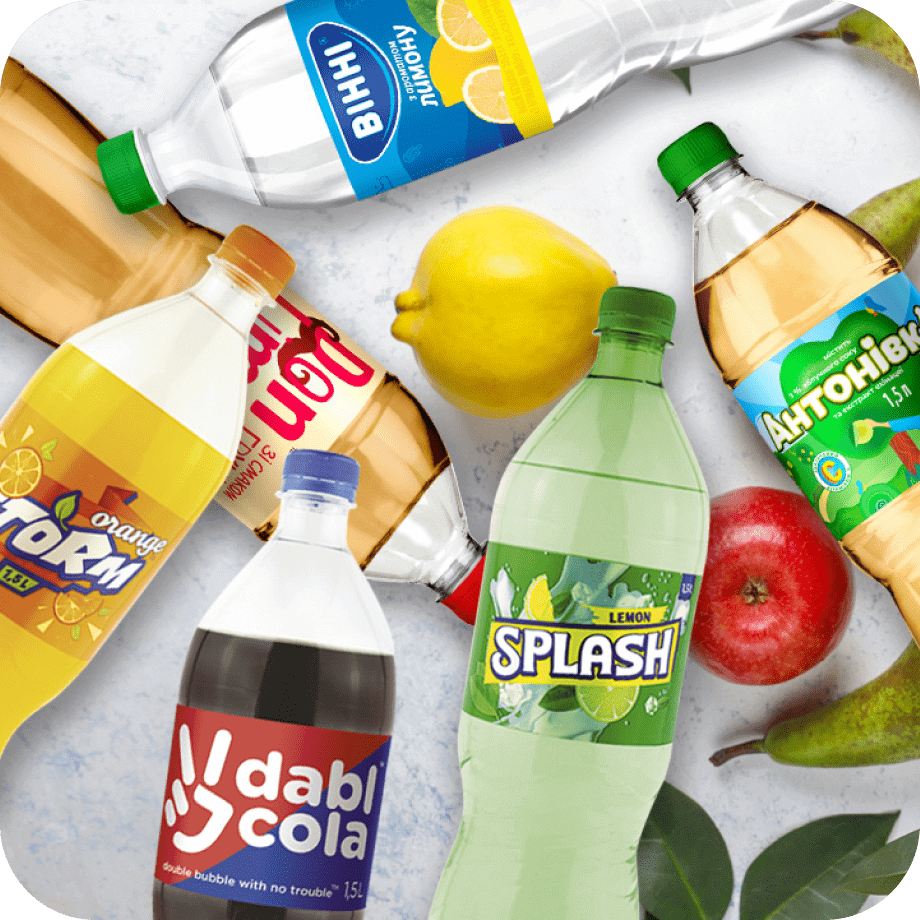 Napoje gazowane: Vinni, Don Limo, Dabl Cola, Orange Storm, Lemon Splash, Antoniwka